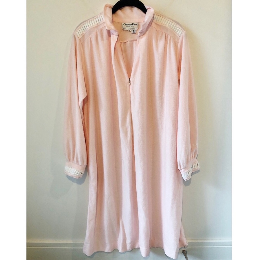 Vintage Christian Dior Pink Robe Terrycloth Ribbon Full Zip